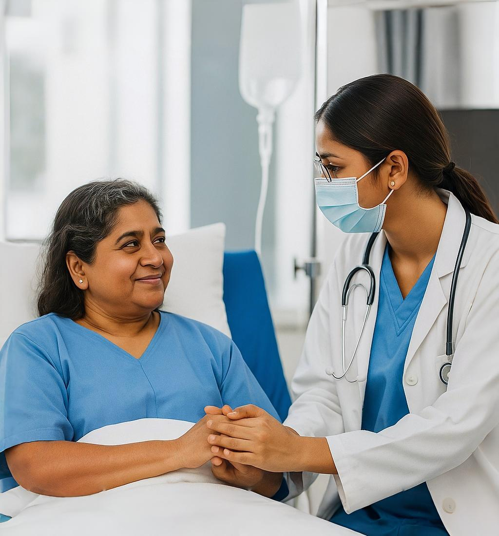 Doctor consulting a woman in a hospital gown about Day Care Services.