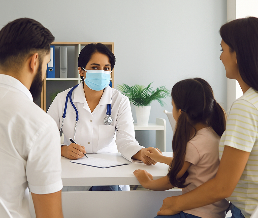 Family consulting with a doctor about Day Care Services in an office.