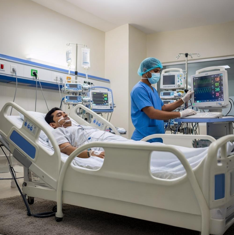 A man in a hospital bed with a nurse, highlighting ICU & critical care services.