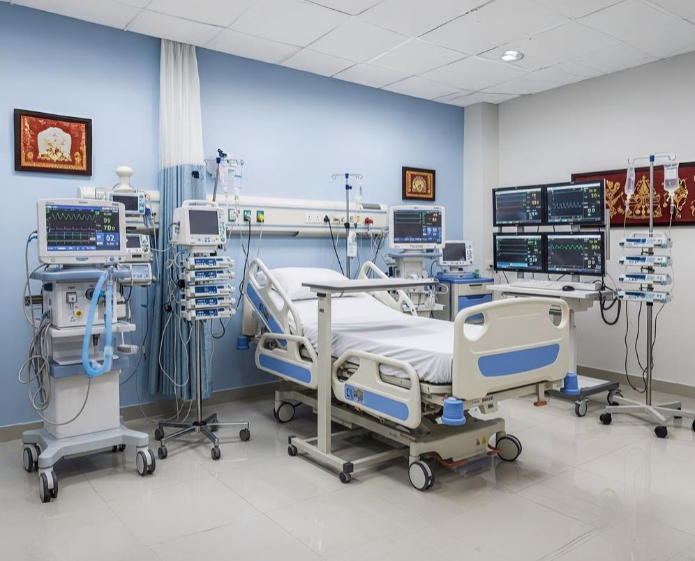 Hospital room featuring medical equipment for ICU & critical care services.