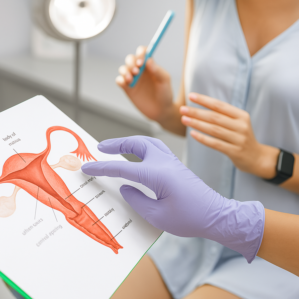 A woman presents a reproductive system diagram during her gynaecologist consultation.