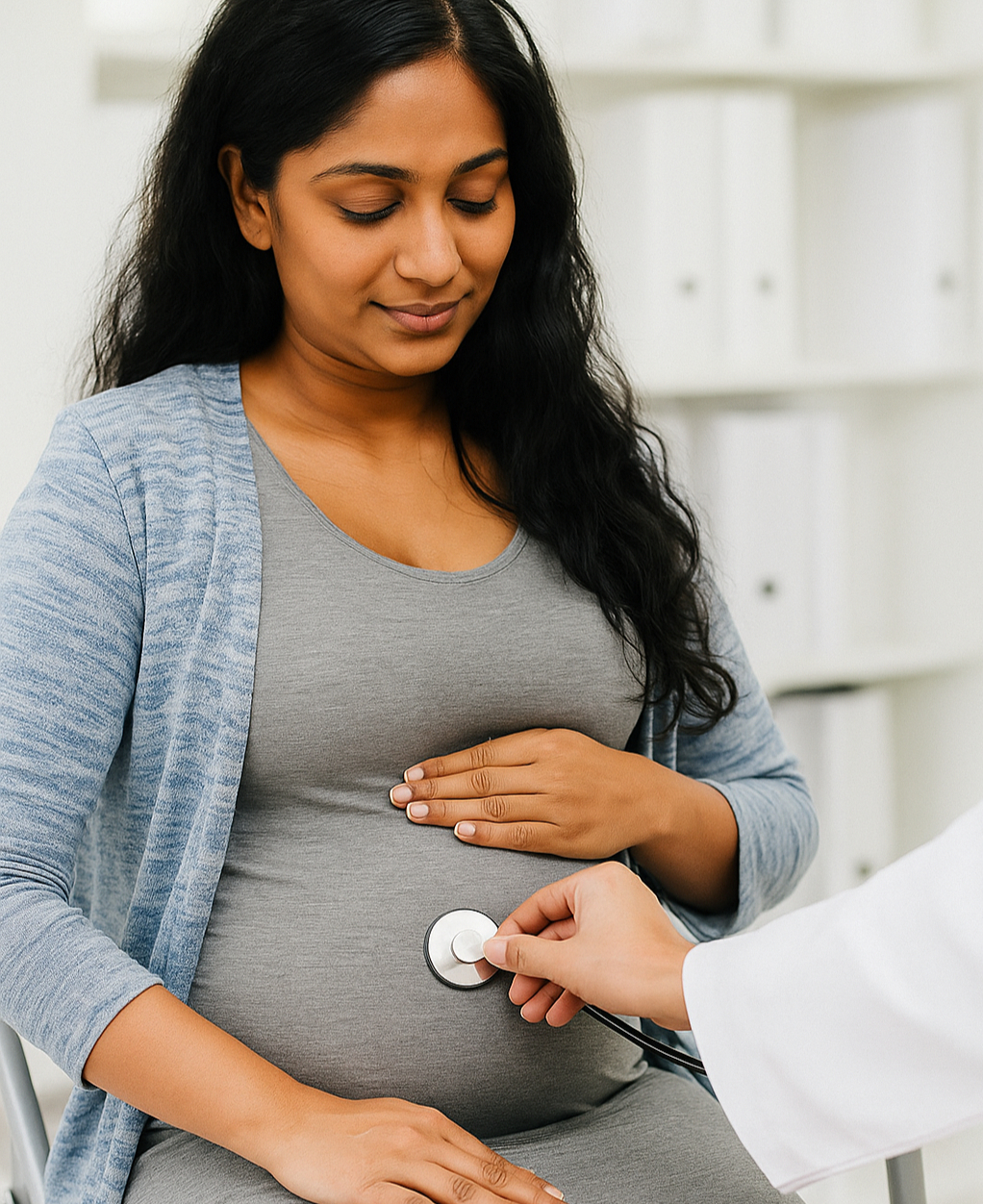 Gynaecologist consulting with a pregnant woman during a medical examination.