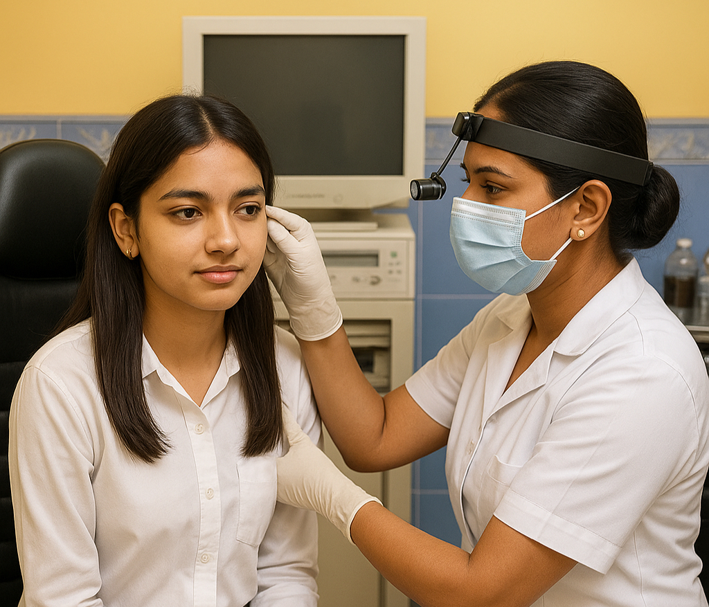 A woman receives an ear examination from an ENT specialist in a clinic.