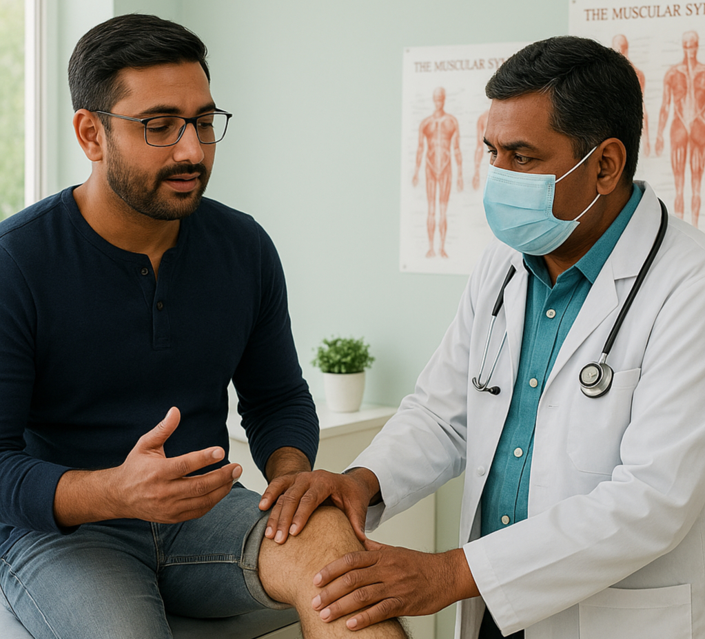 An orthopedic doctor assesses a patient's knee during a medical examination.