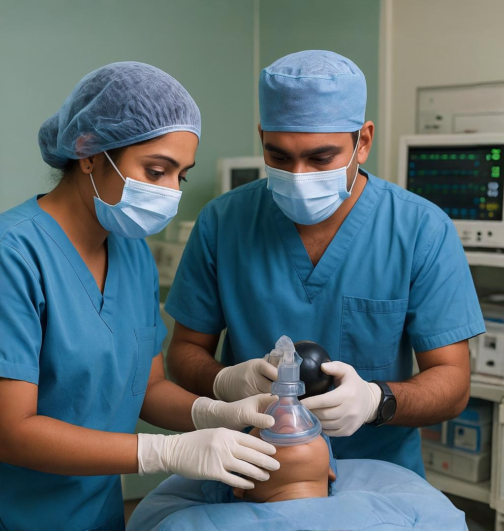 Two doctors in scrubs administer anaesthesiology care to a patient in a medical setting.