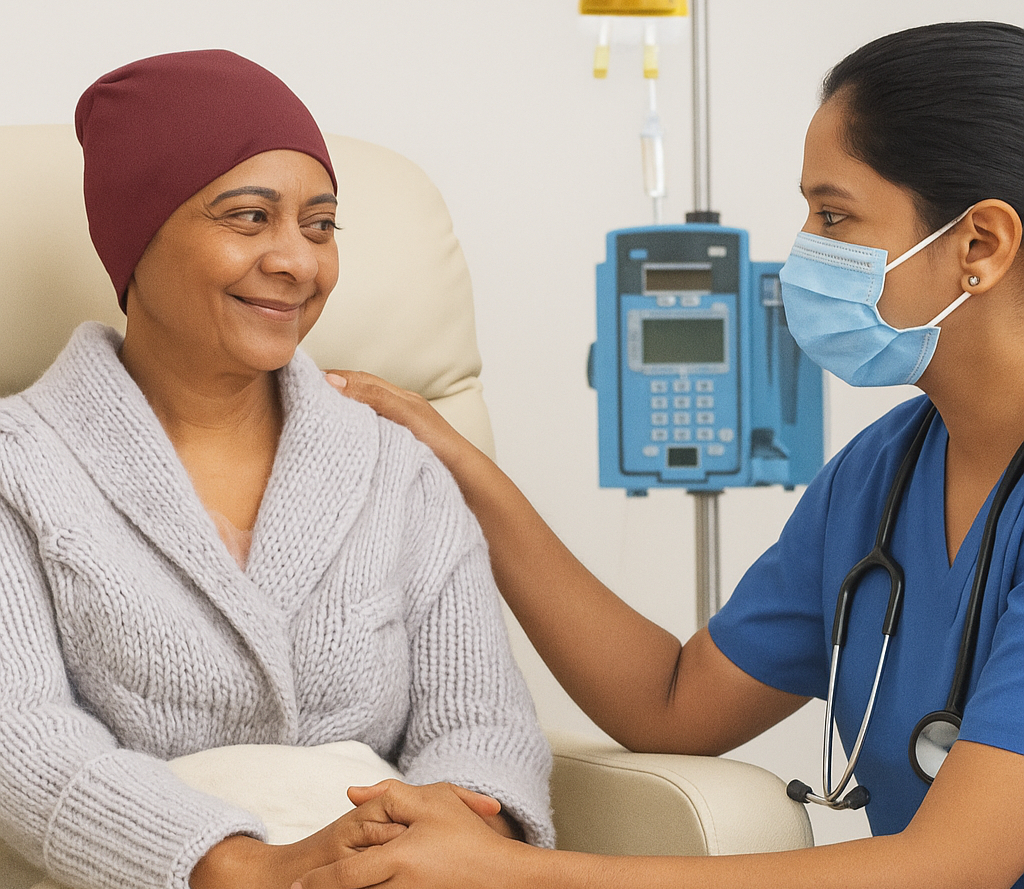 Woman consulting with a nurse about general and laparoscopic surgeries.