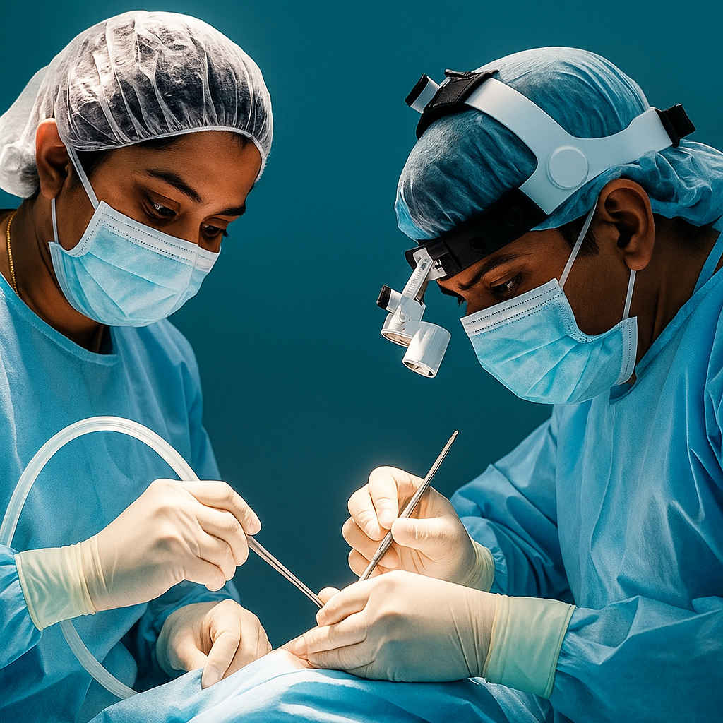 Two surgeons in blue scrubs performing general and laparoscopic surgeries.