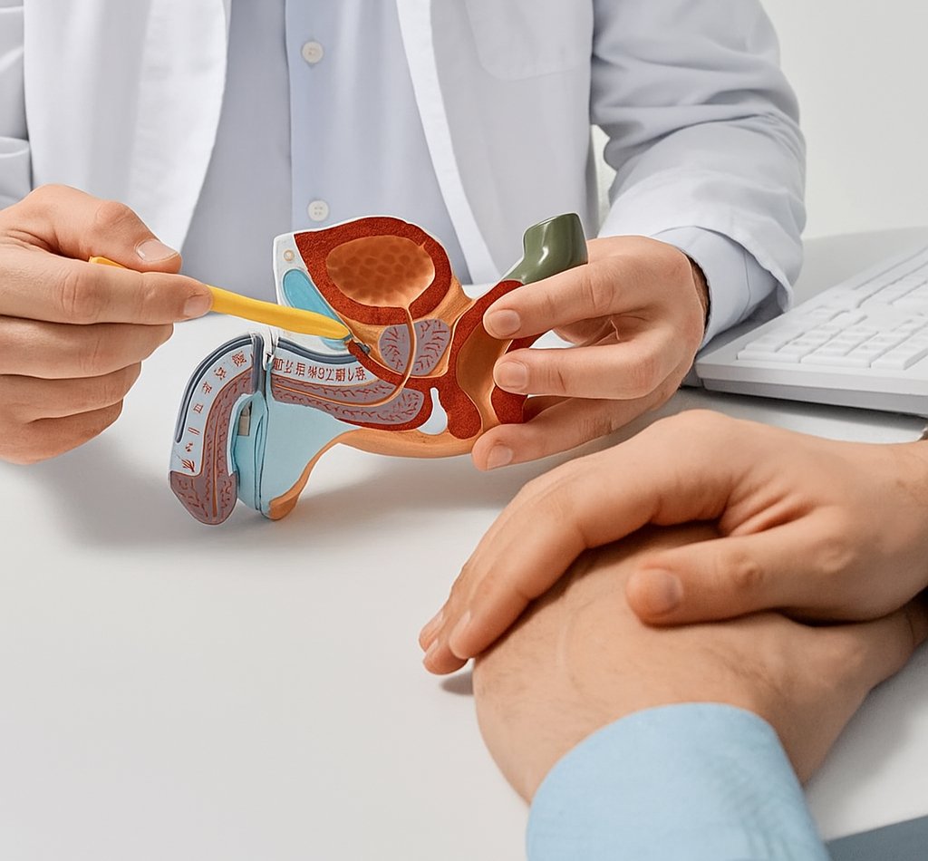 Urologist explains urology to patient using a human body model.