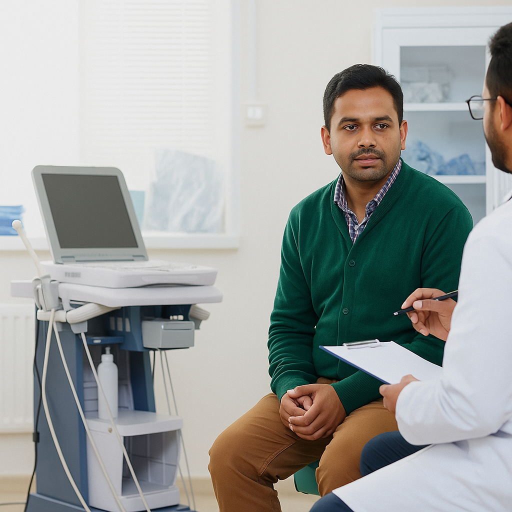A doctor engages with a patient regarding gastroenterology in a private consultation room.