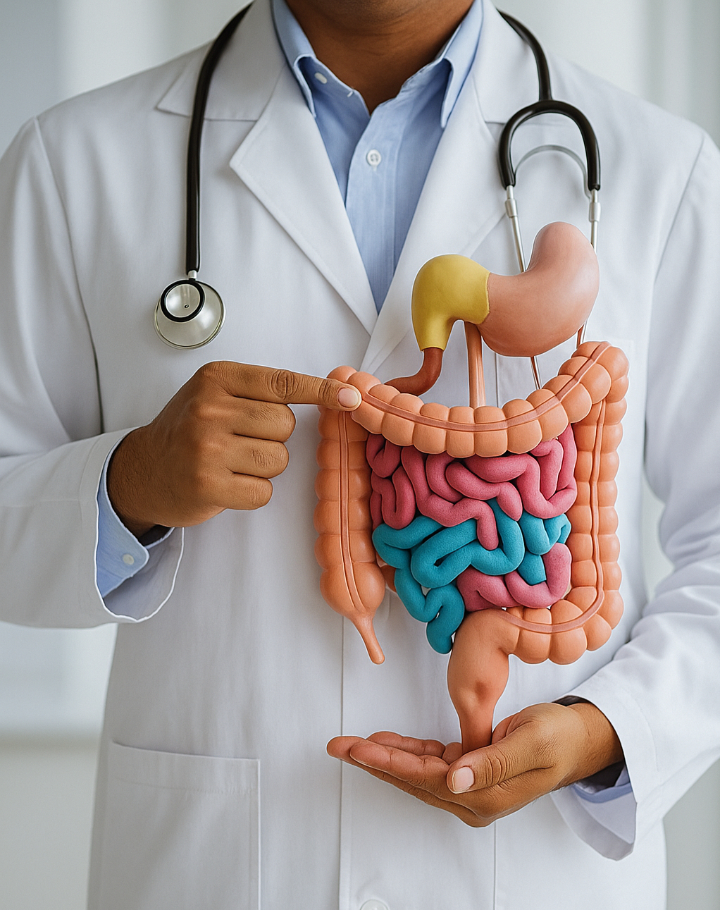 Medical professional holding a human digestive system model, illustrating important Gastroenterology features.
