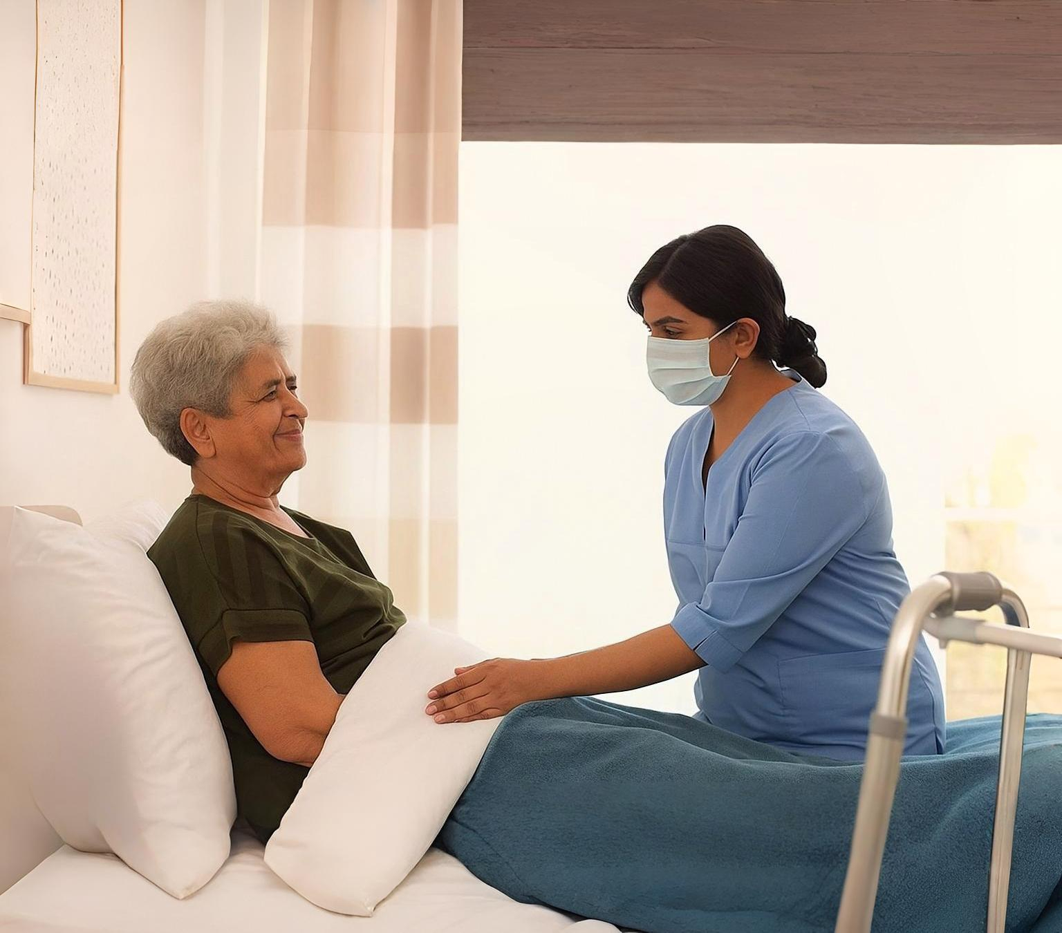 In a hospital, a nurse provides care to an elderly woman, emphasizing Hospice and Palliative Care.