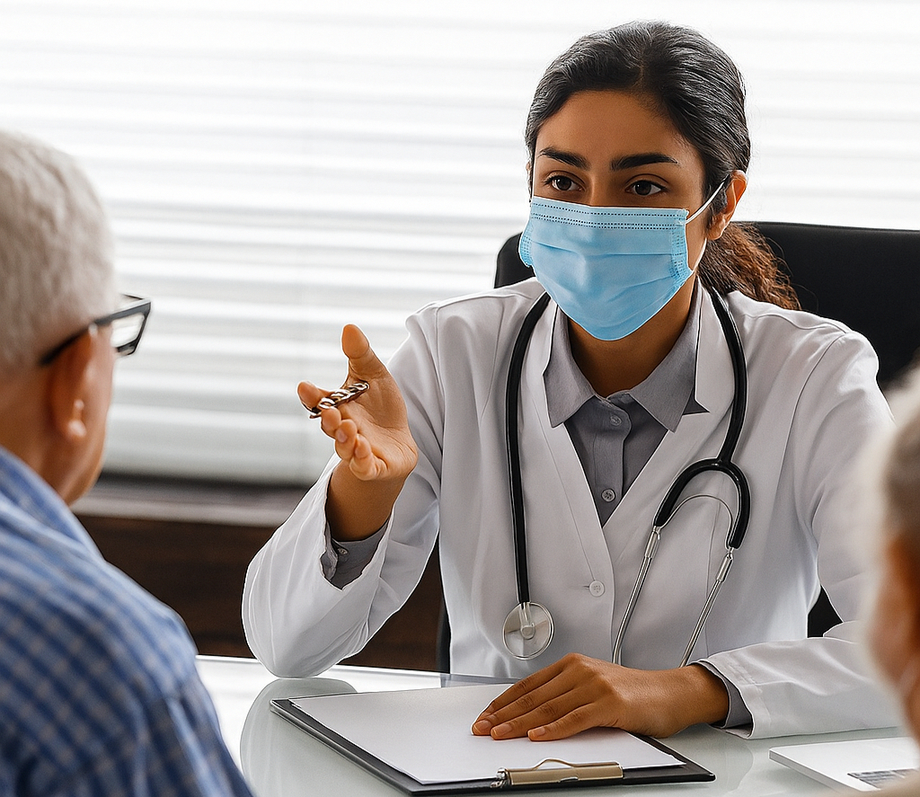 A patient discussing his health with a doctor in 24x7 Emergency Services.