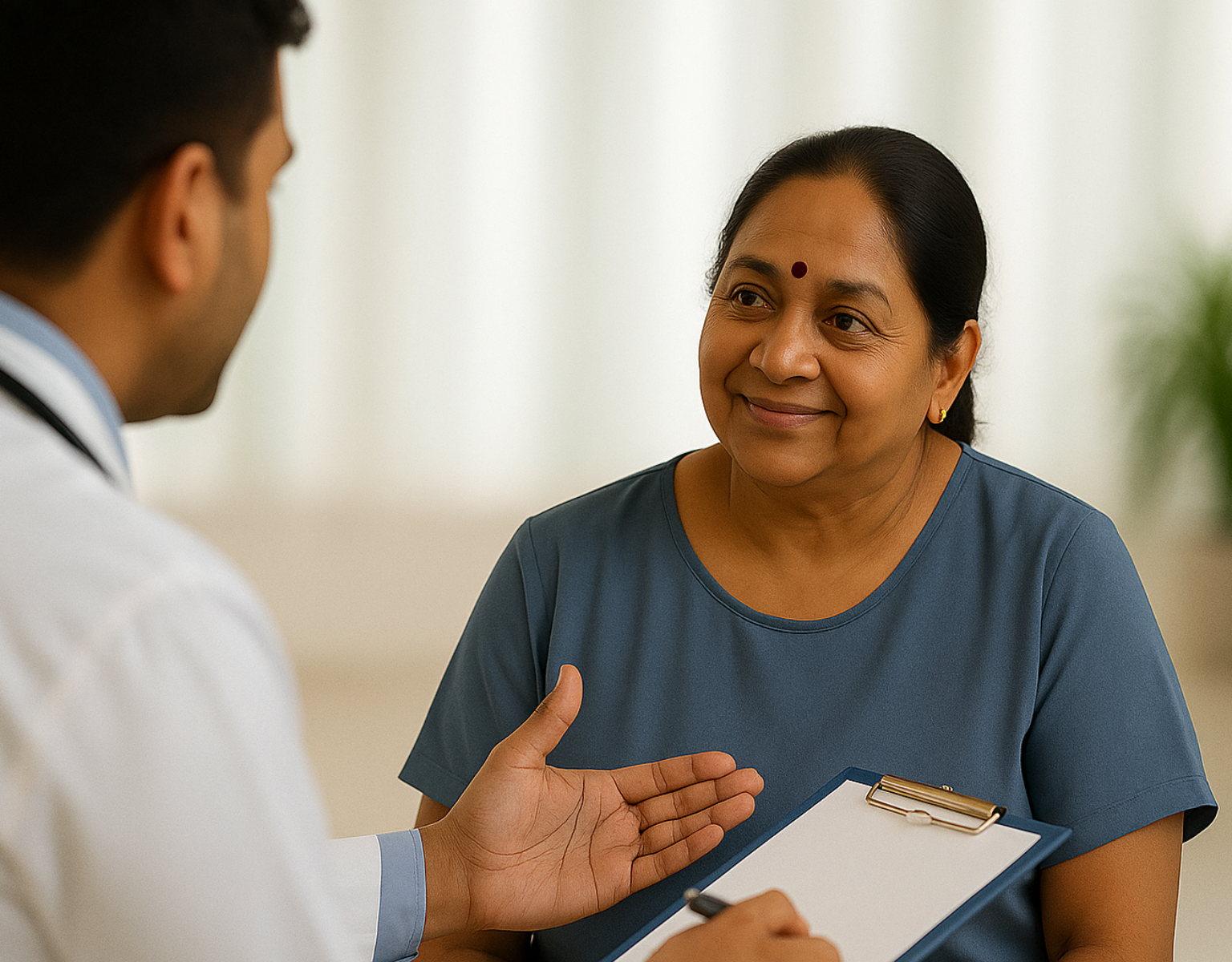 A woman discusses treatment options with her medical oncologist.
